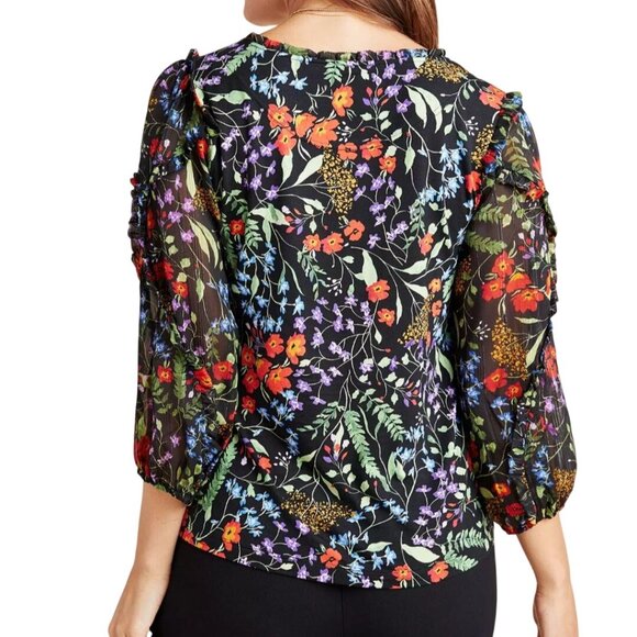 Anthropologie Maeve Jaquin Peasant Blouse Black Floral Puff Sleeve Size 1X - Picture 4 of 14